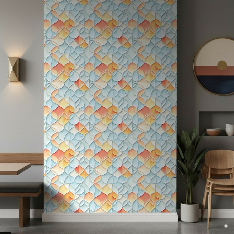 Geometric wallpaper 3D curved shapes design pastel blue and orange tones
