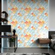 Carta da parati geometrica design tridimensionale con forme curve tonalità azzurro e arancione pastello
