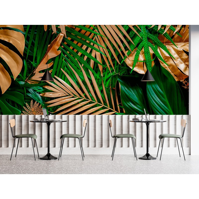 Fresque Murale Feuilles de Fantaisie Tropicale en Vert et Or
