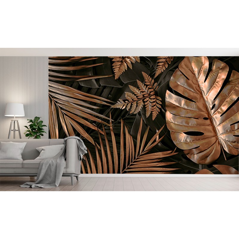 Fotomurale Foglie Tropicali in Bronzo Elegante