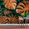 Fresque Murale Feuilles Bronze sur Vert Intense