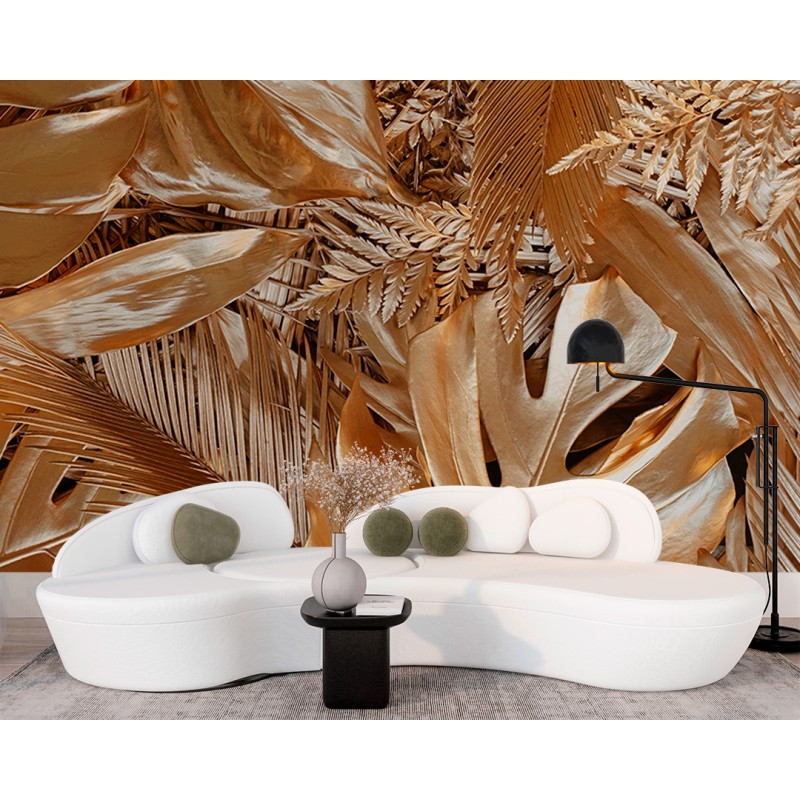 Fotomurale Foglie Tropicali in Oro Metallico