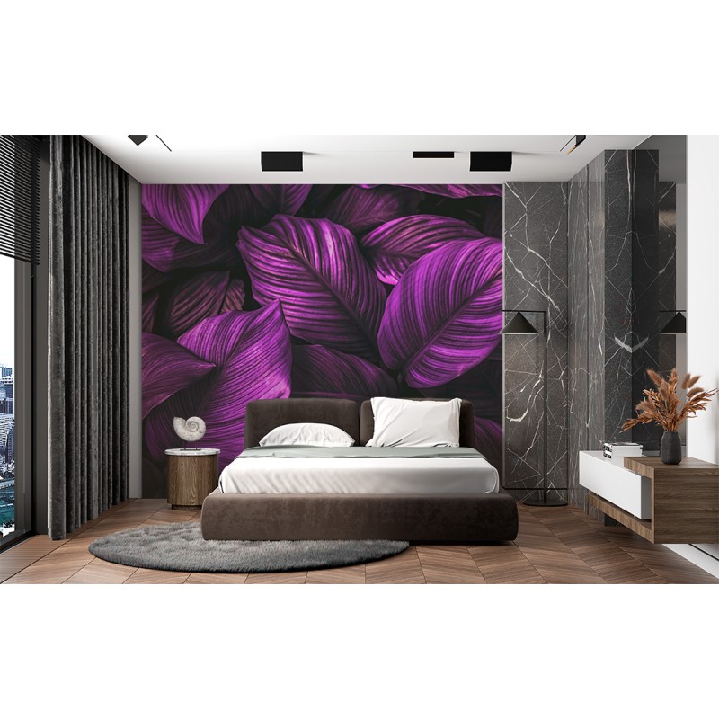 Fresque Murale Feuilles Violettes en Profondeur Sombre