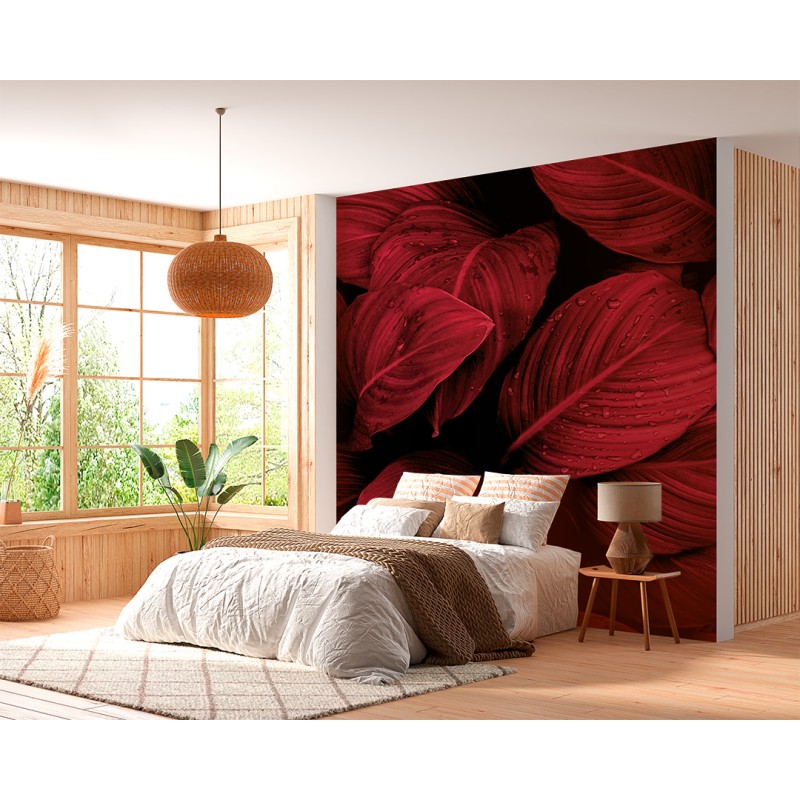 Fresque Murale Feuilles Rouges en Profondeur Sombre