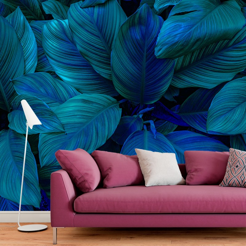 Fresque Murale Feuilles Exotiques en Bleu Profond