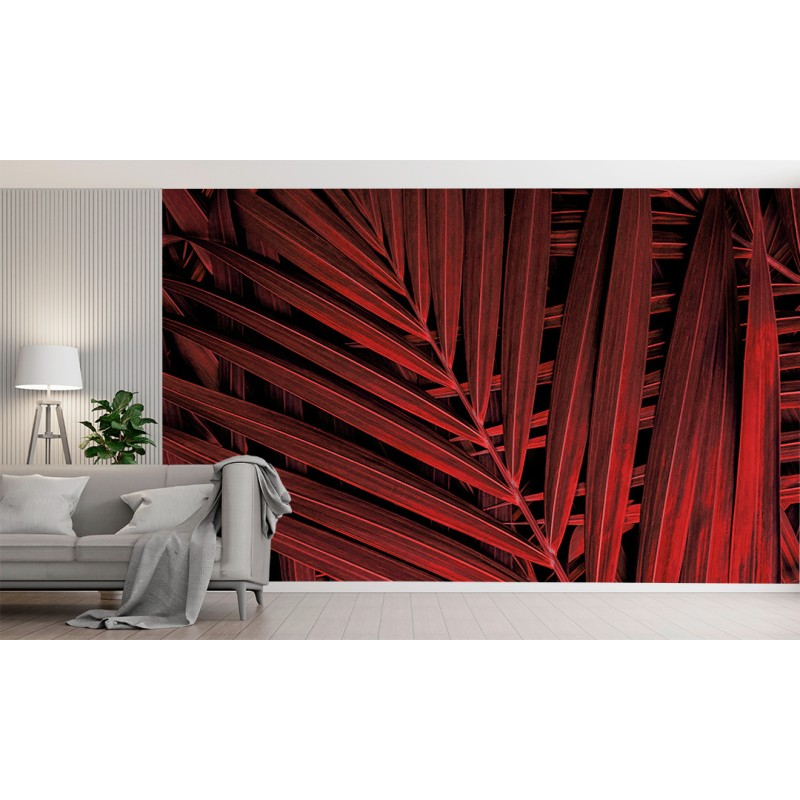Fotomurale Foglie Esotiche in Rosso Profondo