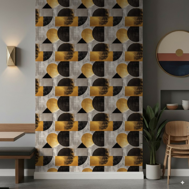 Papel pintado geométrico círculos y semicírculos diseño moderno efecto metalizado tonos oro, gris y negro