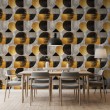 Papel pintado geométrico círculos y semicírculos diseño moderno efecto metalizado tonos oro, gris y negro