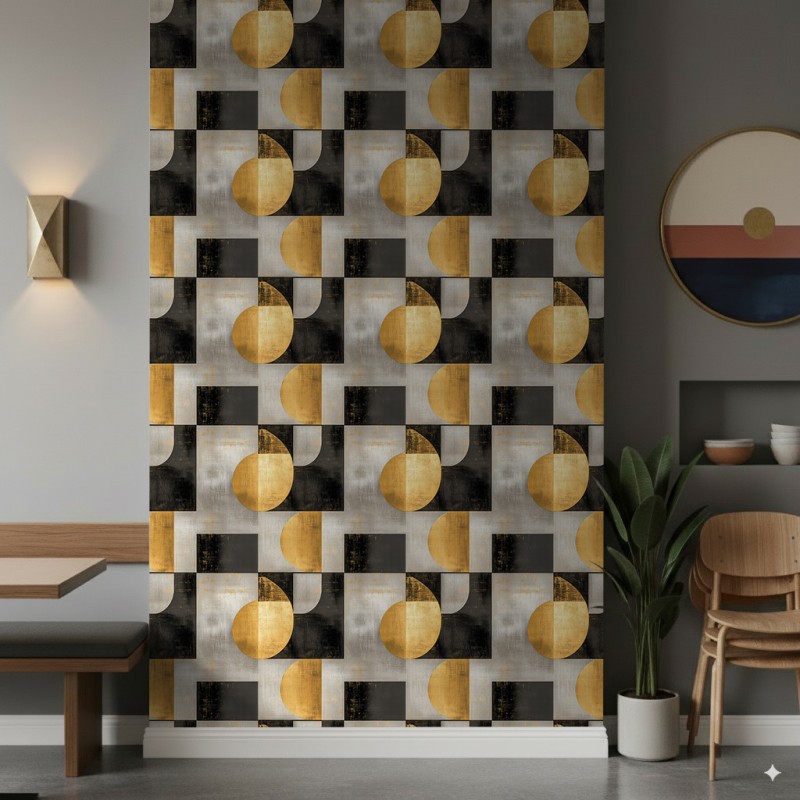 Papel pintado geométrico círculos y cuadrados diseño moderno efecto metalizado tonos oro, gris y negro