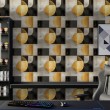 Papel pintado geométrico círculos y cuadrados diseño moderno efecto metalizado tonos oro, gris y negro