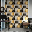 Papel pintado geométrico círculos y cuadrados diseño moderno efecto metalizado tonos oro, gris y negro