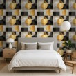 Geometric wallpaper circles and squares modern design metallic effect gold, gray and black tones