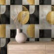 Geometric wallpaper circles and squares modern design metallic effect gold, gray and black tones