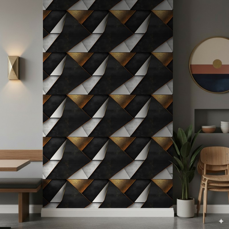 Geometric wallpaper triangles modern design metallic effect gold, gray and black tones