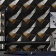 Papel pintado geométrico triángulos diseño moderno efecto metalizado tonos oro, gris y negro