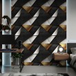 Papier peint géométrique triangles motif moderne effet métallisé tons or, gris et noir