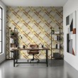 Carta da parati geometrica linee incrociate design moderno effetto metallizzato tonalità oro e beige