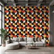 Papier peint géométrique demi-cercles motif moderne tons orange, jaune et noir