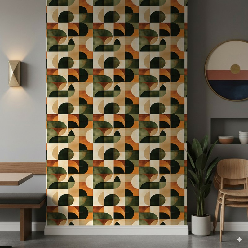 Papel pintado geométrico semicircunferencias diseño moderno tonos verde, naranja y beige
