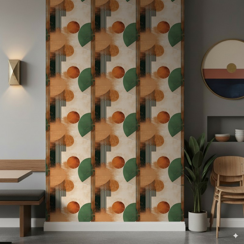 Geometrische Tapete Kreise und Linien modernes Design in Grün-, Orange- und Beigetönen