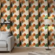 Papier peint géométrique cercles et lignes motif moderne tons vert, orange et beige