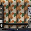 Geometric wallpaper circles and lines modern design green, orange and beige tones