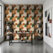 Geometric wallpaper circles and lines modern design green, orange and beige tones