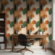 Papel pintado geométrico círculos y líneas diseño moderno tonos verde, naranja y beige