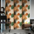 Papel pintado geométrico círculos y líneas diseño moderno tonos verde, naranja y beige