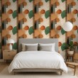 Geometric wallpaper circles and lines modern design green, orange and beige tones