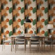 Papel pintado geométrico círculos y líneas diseño moderno tonos verde, naranja y beige