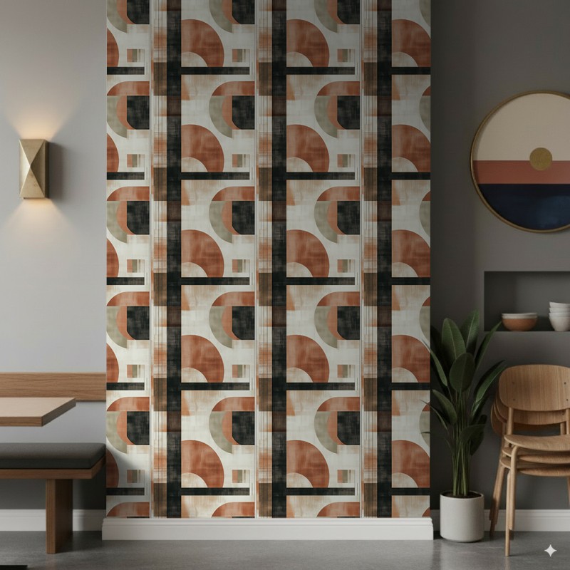 Papier peint géométrique demi-cercles et lignes motif moderne tons terre cuite, beige et noir
