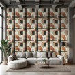 Papel pintado geométrico semicircunferencias y líneas diseño moderno tonos terracota, beige y negro