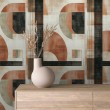 Papel pintado geométrico semicircunferencias y líneas diseño moderno tonos terracota, beige y negro