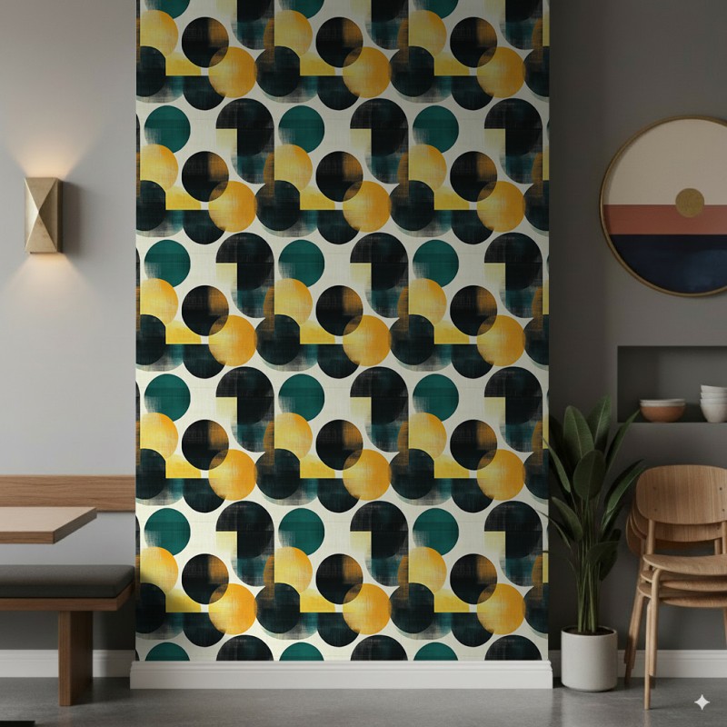 Papel pintado geométrico círculos diseño moderno tonos verde, mostaza y negro