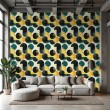 Papel pintado geométrico círculos diseño moderno tonos verde, mostaza y negro