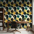 Carta da parati geometrica cerchi design moderno tonalità verde, senape e nero