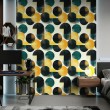 Geometric wallpaper circles modern design green, mustard and black tones