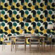 Papel pintado geométrico círculos diseño moderno tonos verde, mostaza y negro