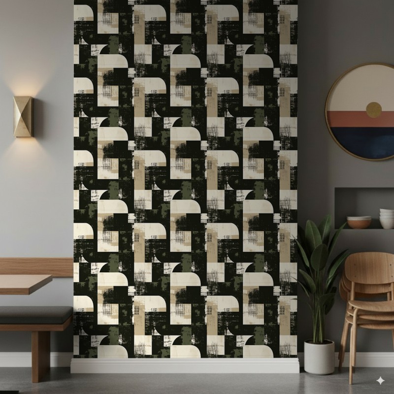 Geometric wallpaper semicircles modern design beige, olive green and black tones