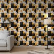 Carta da parati geometrica cerchi e rettangoli design moderno effetto metallizzato tonalità oro, grigio e nero