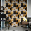 Carta da parati geometrica cerchi e rettangoli design moderno effetto metallizzato tonalità oro, grigio e nero