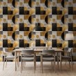 Papel pintado geométrico círculos y rectángulos diseño moderno efecto metalizado tonos oro, gris y negro