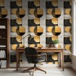 Papel pintado geométrico círculos diseño moderno efecto metalizado tonos oro, gris y negro