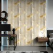 Papier peint géométrique lignes verticales motif moderne effet métallisé tons doré et beige