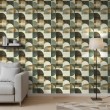 Papier peint géométrique demi-cercles motif moderne tons vert olive, beige et marron