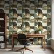 Papel pintado geométrico semicírculos diseño moderno tonos verde oliva, beige y marrón