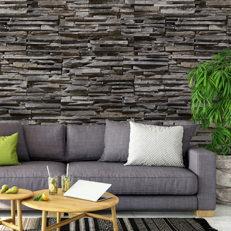 Papel Pintado Piedra Picada Gris Oscuro