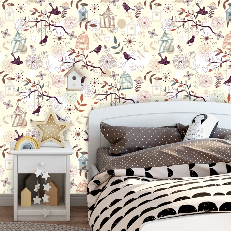 Papier peint Petits oiseaux avec cages