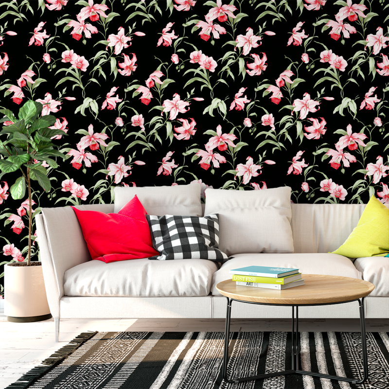Papel pintado Floral Tropical Rosas y Negro